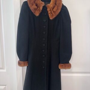 Vintage Elegant Black Coat with Real Fur Trim